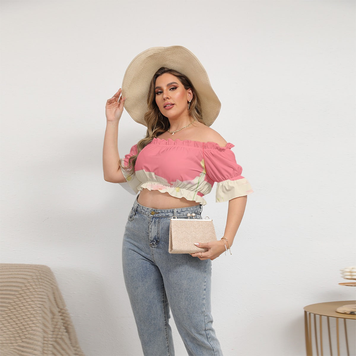 All-Over Print Women's Off-shoulder Cropped Top With Short Puff Sleeve