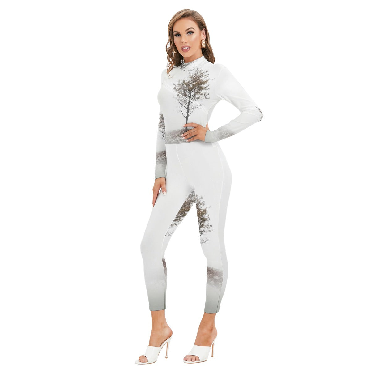 All-Over Print Women's Long-sleeved High-neck Jumpsuit With Zipper