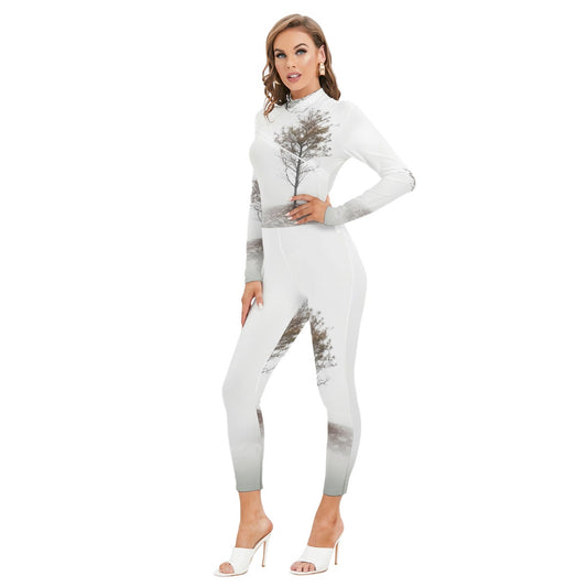 All-Over Print Women's Long-sleeved High-neck Jumpsuit With Zipper