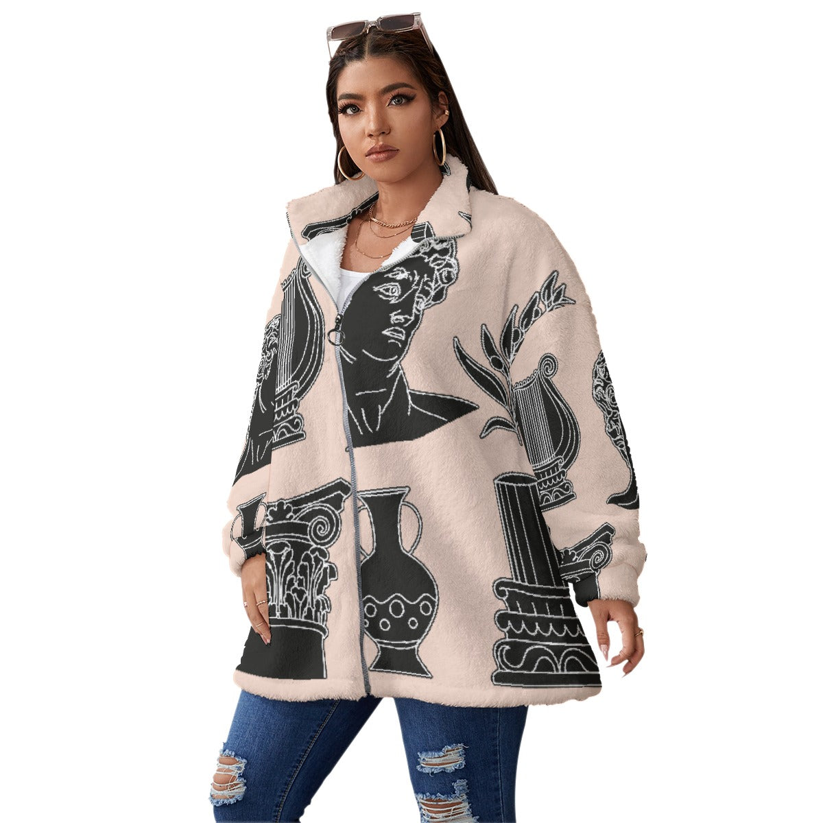 All-Over Print Unisex Borg Fleece Stand-up Collar Coat With Zipper Closure(Plus Size)