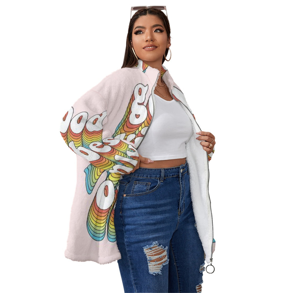 All-Over Print Unisex Borg Fleece Stand-up Collar Coat With Zipper Closure(Plus Size)