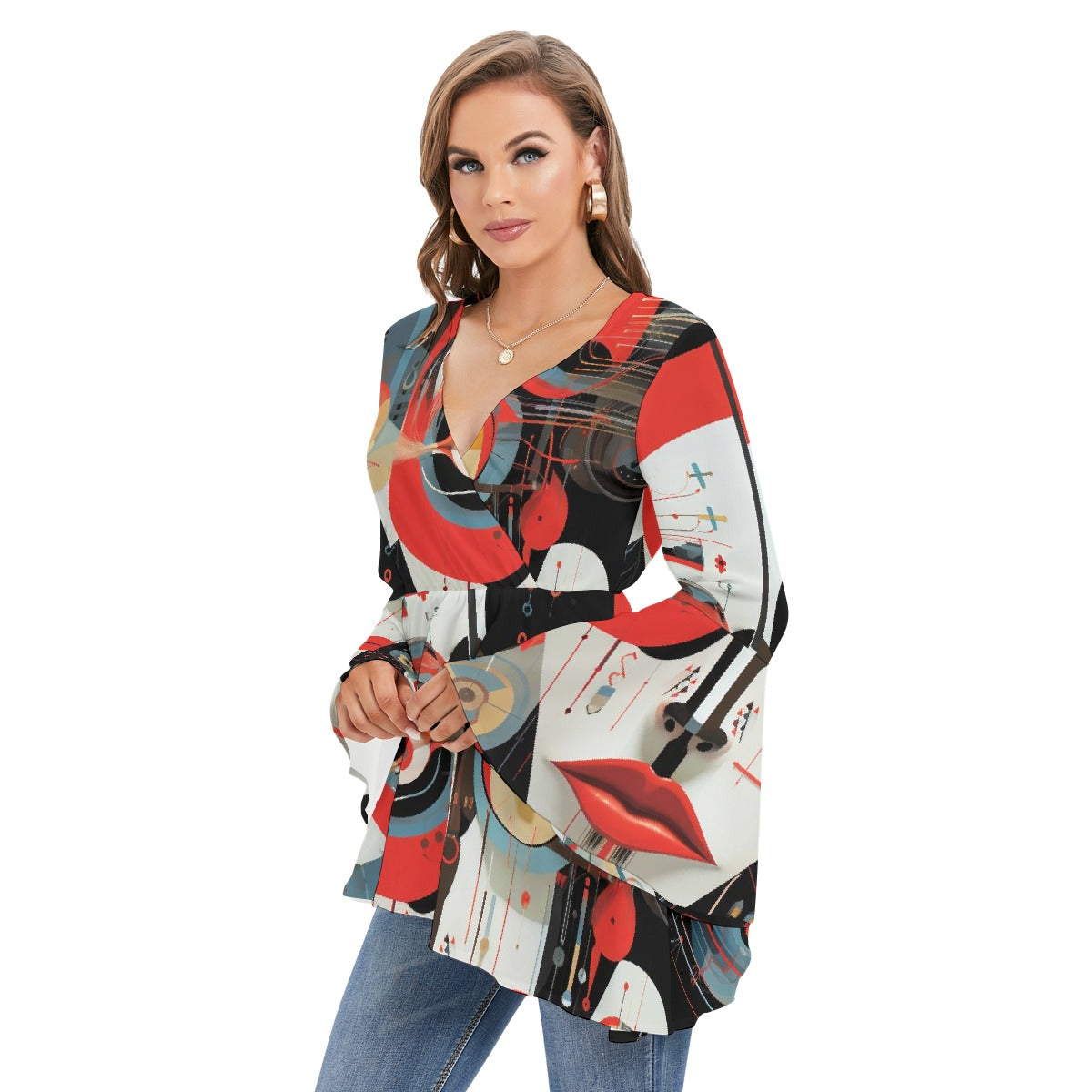 All-Over Print Women's V-neck Blouse With Flared Sleeves