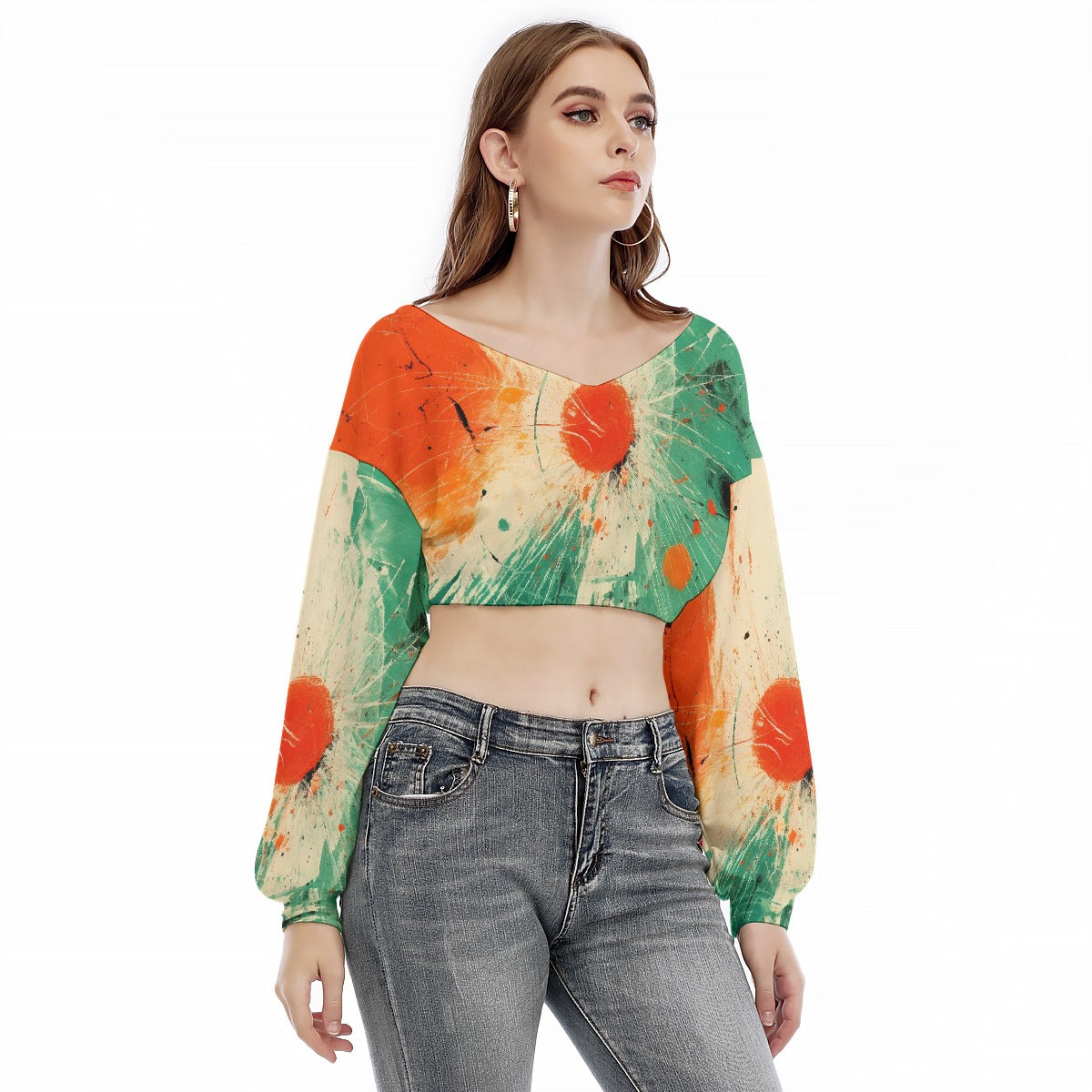 All-Over Print Women's V-neck Long Sleeve Cropped Sweatshirt