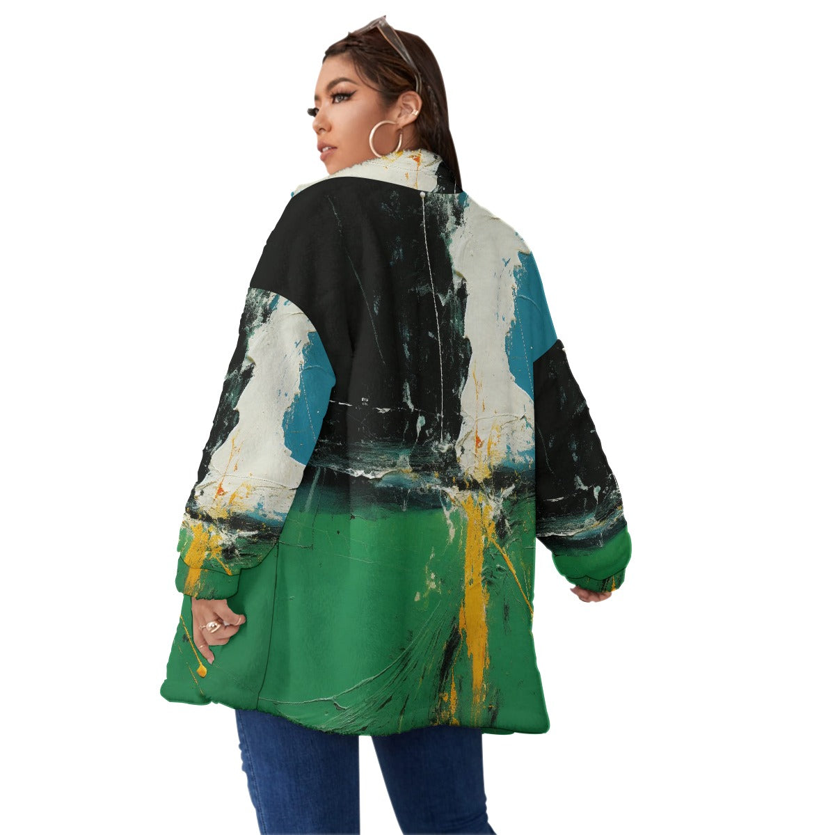 All-Over Print Unisex Borg Fleece Stand-up Collar Coat With Zipper Closure(Plus Size)