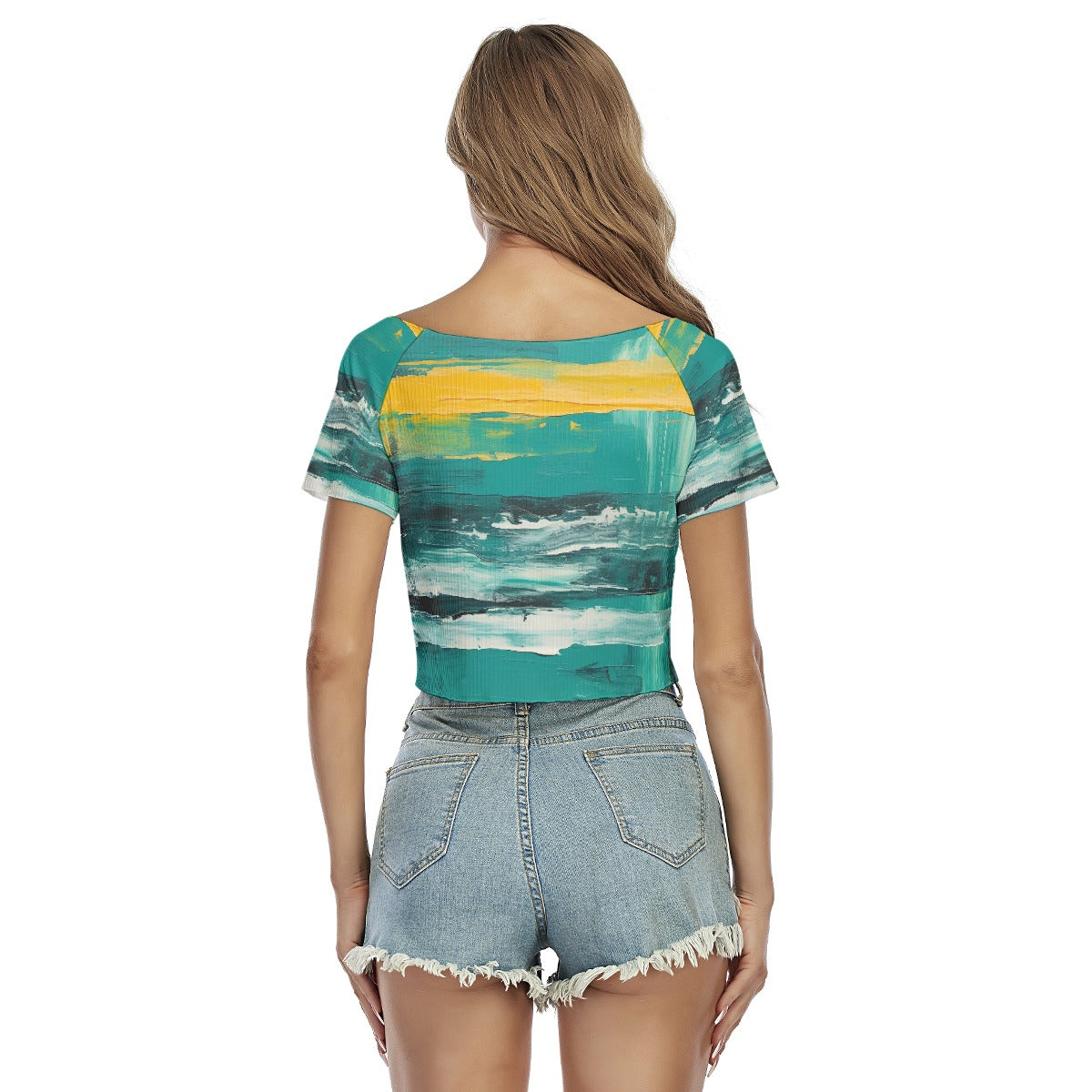 All-Over Print Women's Raglan Drawstring Front  Crop Tee