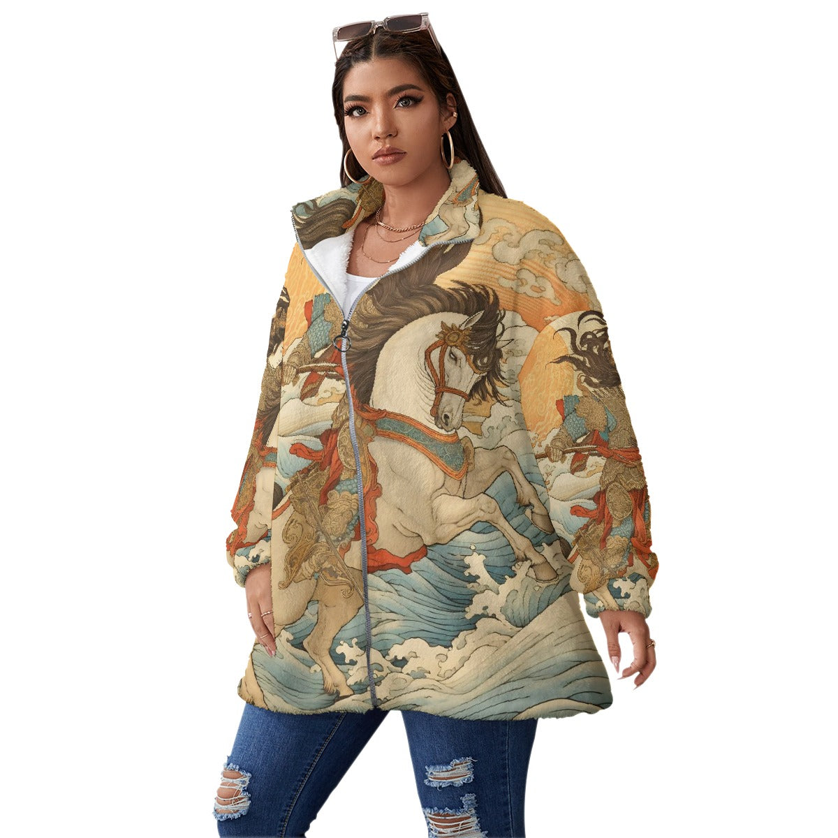 All-Over Print Unisex Borg Fleece Stand-up Collar Coat With Zipper Closure(Plus Size)