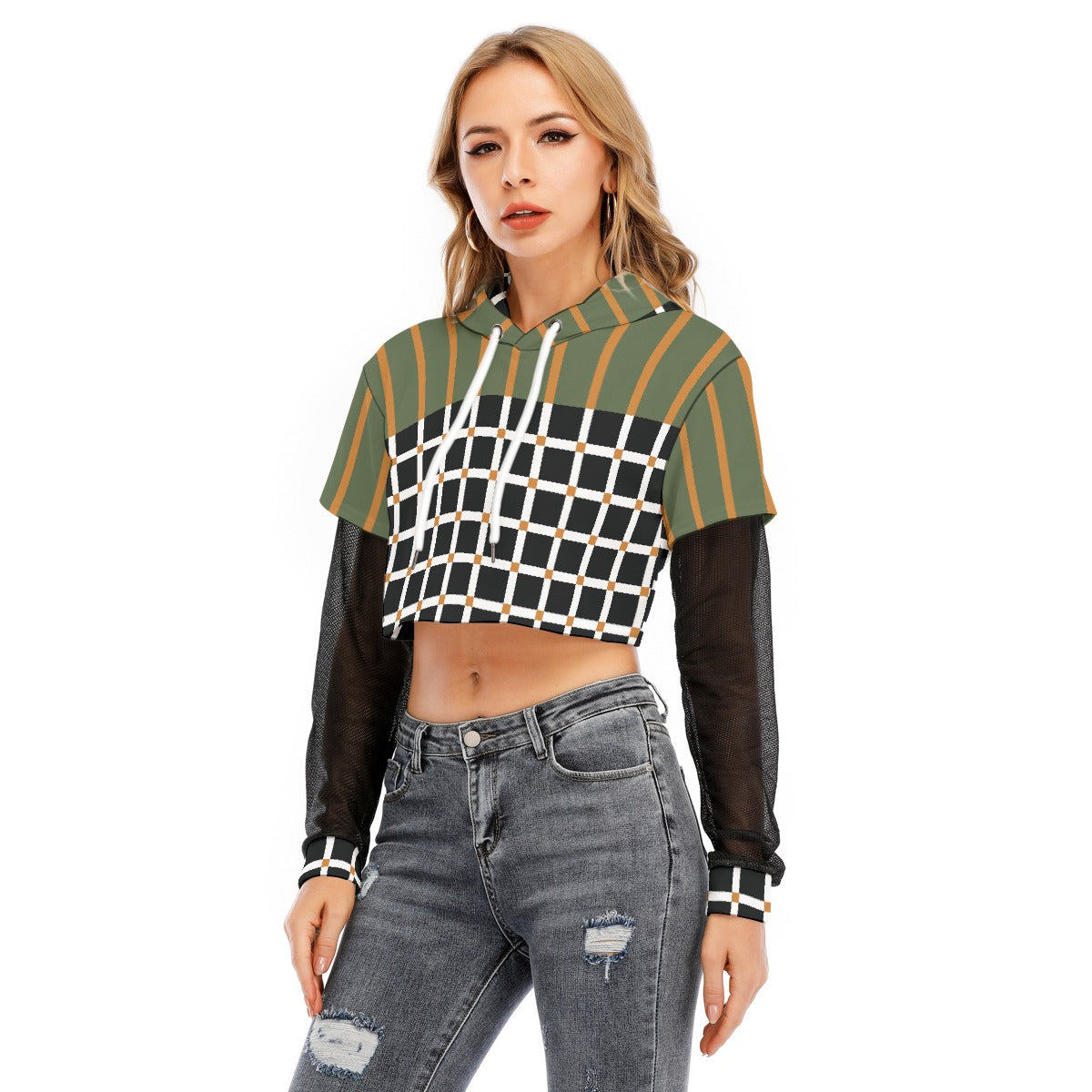 All-Over Print Women's Fake Two-piece Mesh Sleeve Cropped Hoodie