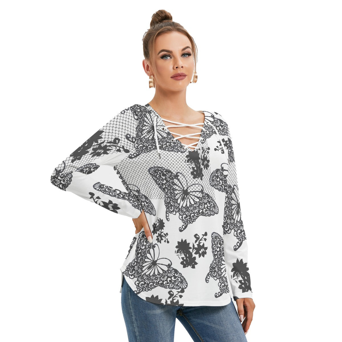 All-Over Print Women's Long Sleeve Neckline Tie Sweatshirt