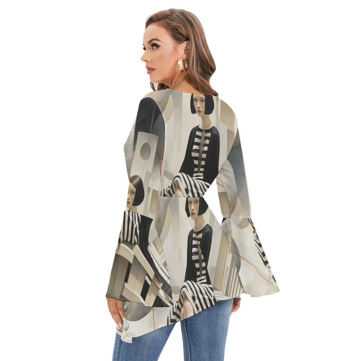 All-Over Print Women's V-neck Blouse With Flared Sleeves