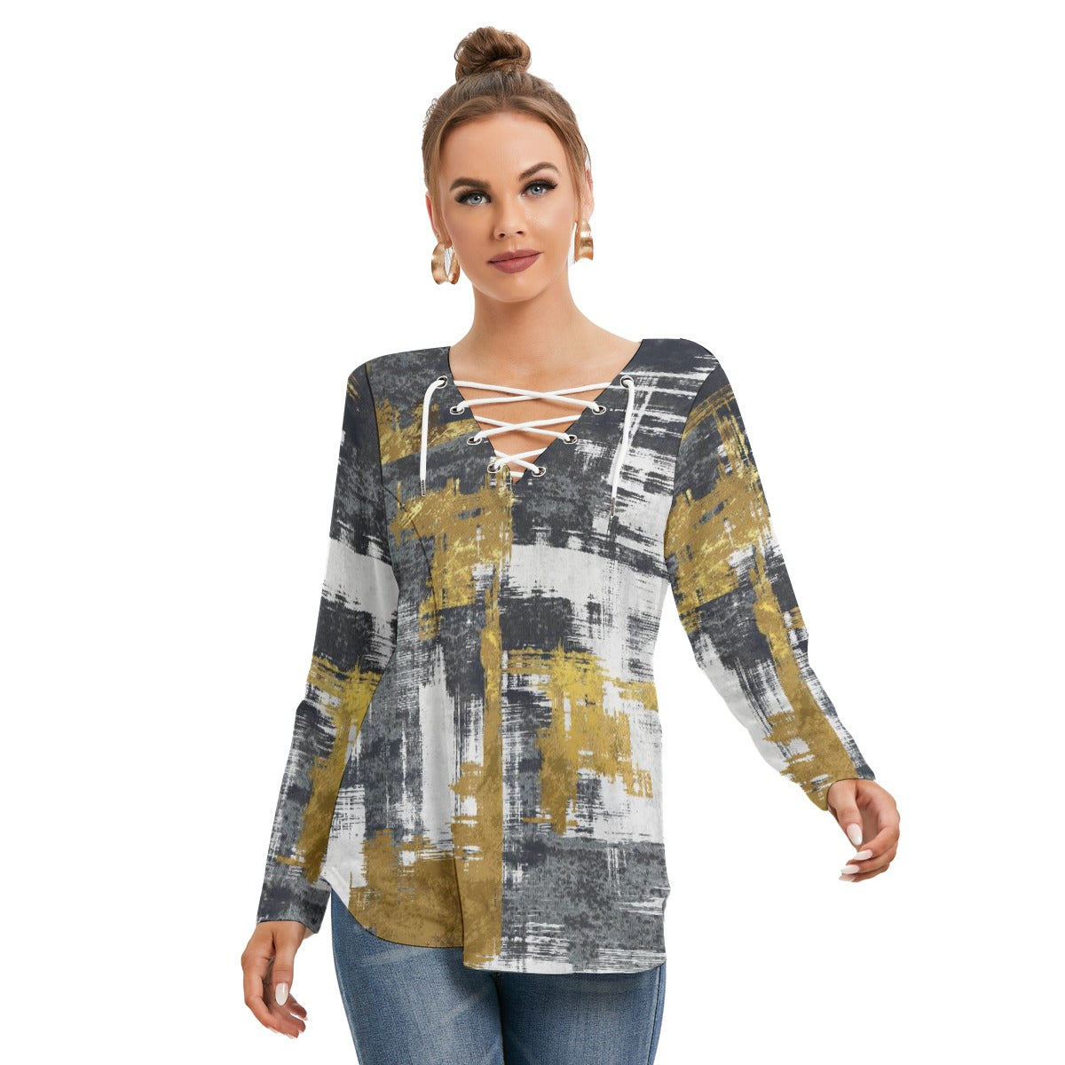 All-Over Print Women's Long Sleeve Neckline Tie Sweatshirt