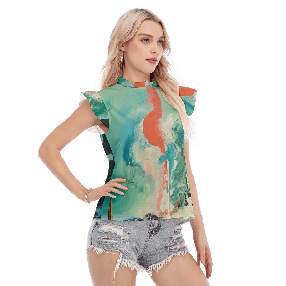 All-Over Print Women's Blouse With Ruffle Collar And Sleeve