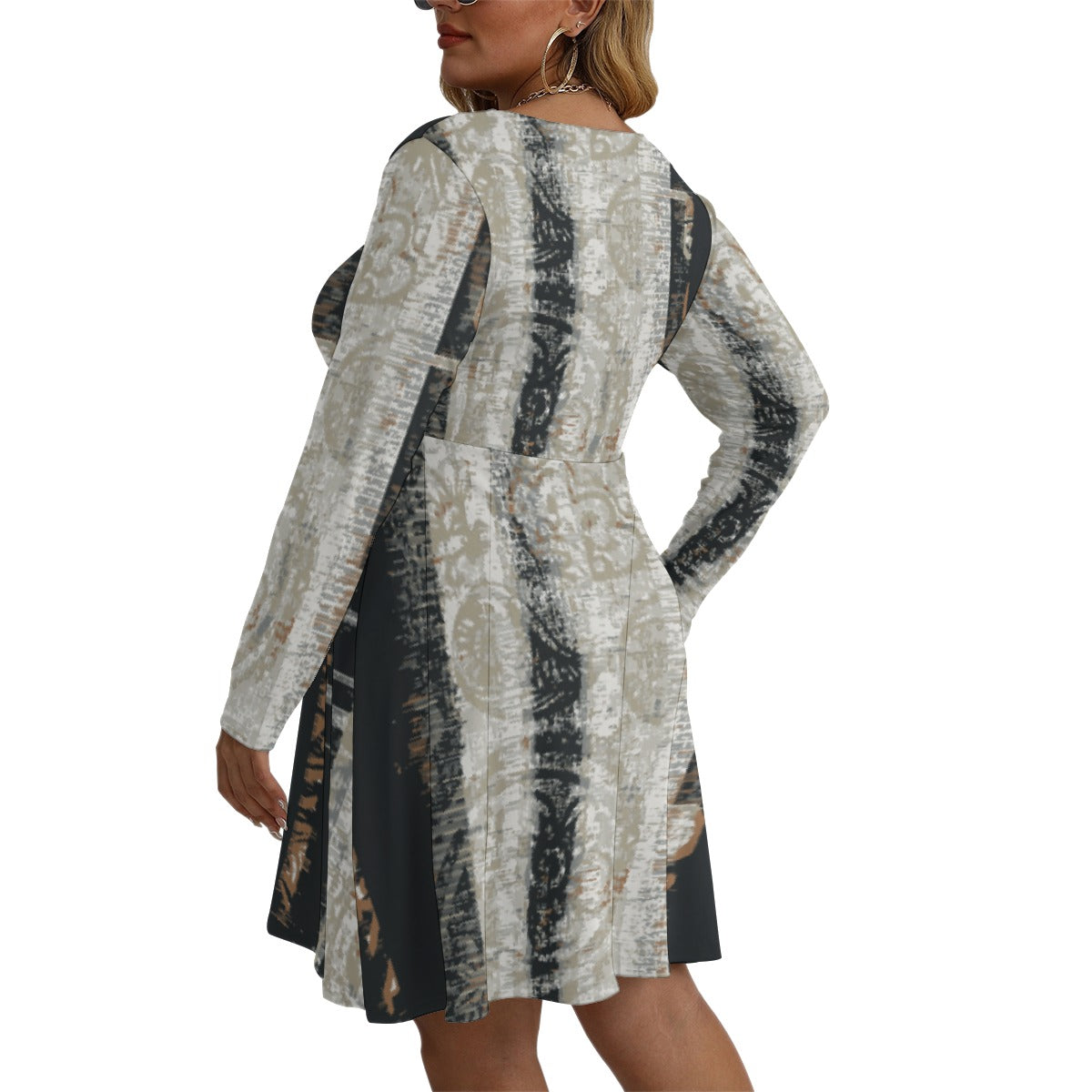 All-Over Print Women's V-neck Long Sleeve Dress(Plus Size)