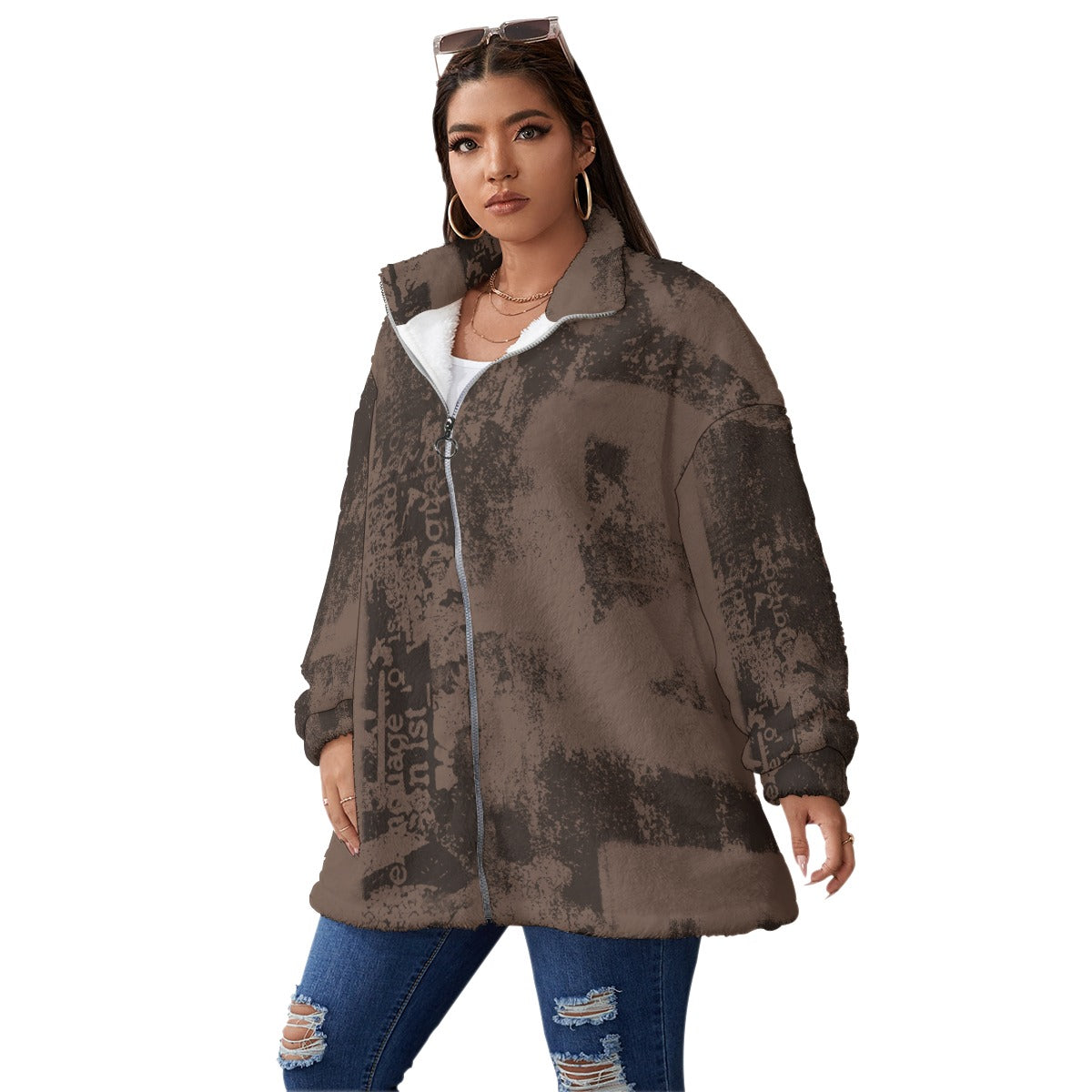 All-Over Print Unisex Borg Fleece Stand-up Collar Coat With Zipper Closure(Plus Size)