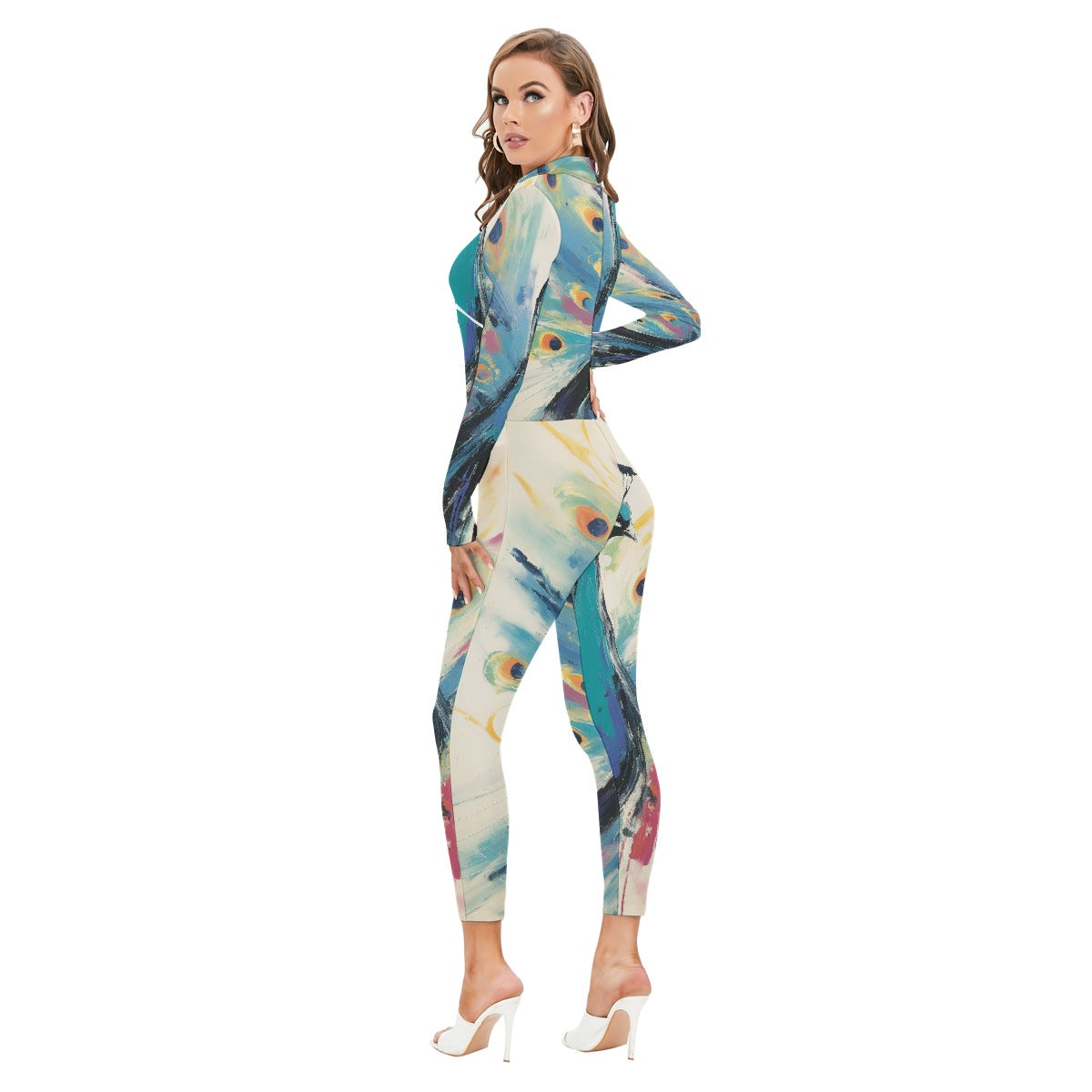 All-Over Print Women's Long-sleeved High-neck Jumpsuit With Zipper