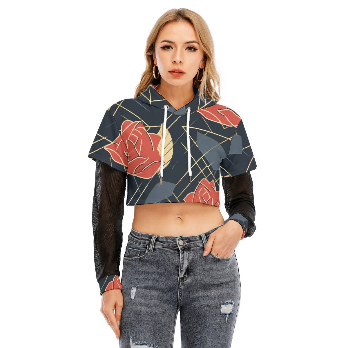 All-Over Print Women's Fake Two-piece Mesh Sleeve Cropped Hoodie
