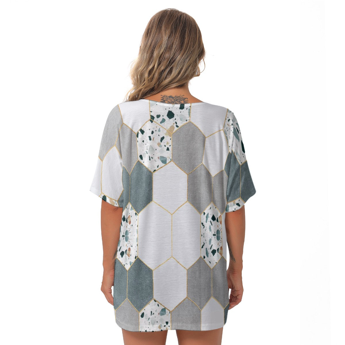 All-Over Print Women's Bat Sleeves V-Neck Blouse