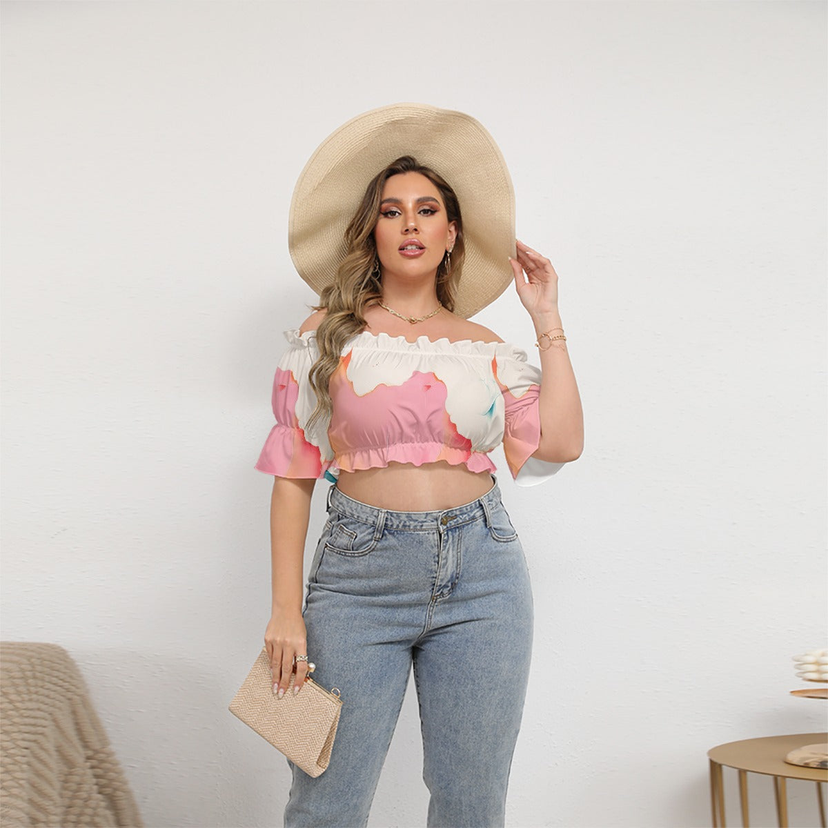 All-Over Print Women's Off-shoulder Cropped Top With Short Puff Sleeve