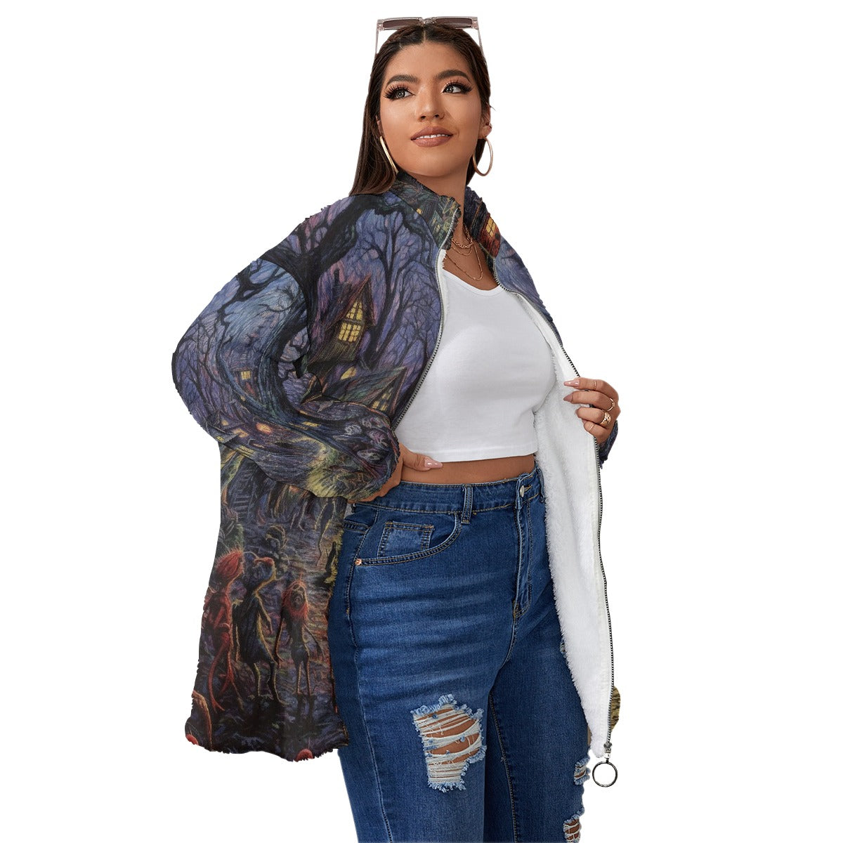 All-Over Print Unisex Borg Fleece Stand-up Collar Coat With Zipper Closure(Plus Size)