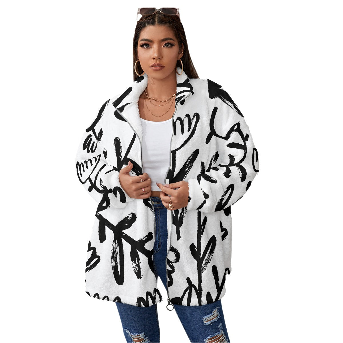 All-Over Print Unisex Borg Fleece Stand-up Collar Coat With Zipper Closure(Plus Size)