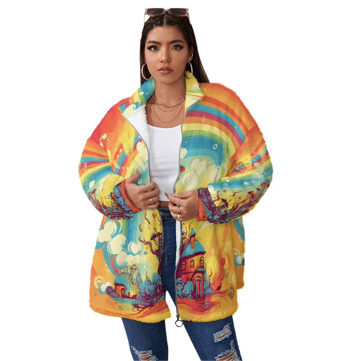 All-Over Print Unisex Borg Fleece Stand-up Collar Coat With Zipper Closure(Plus Size)