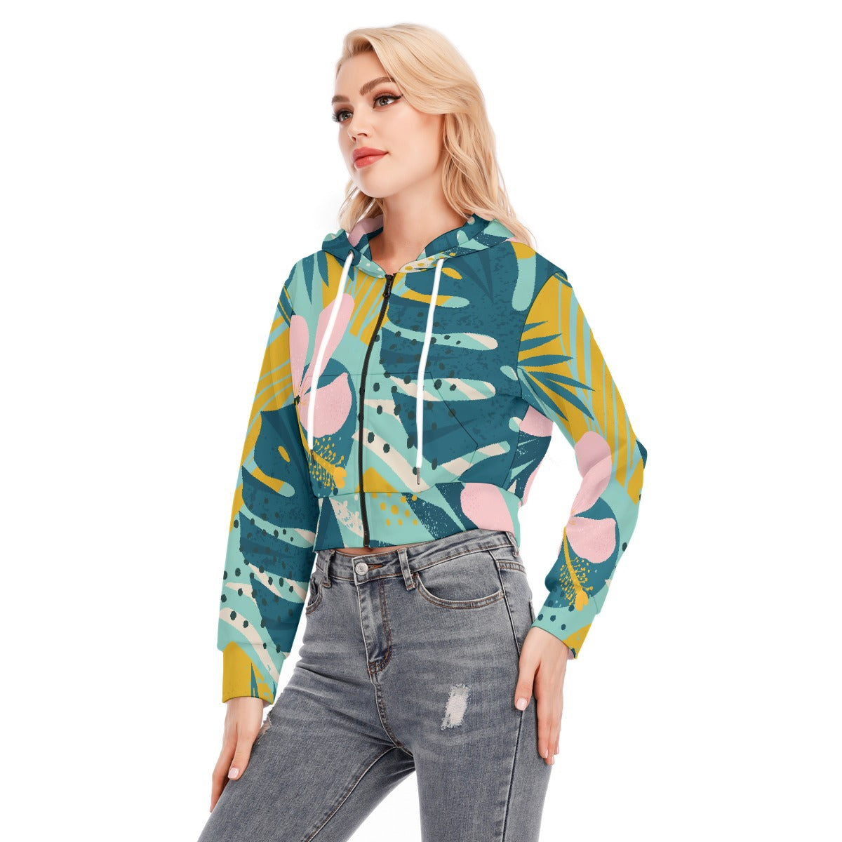 All-Over Print Women's Crop Top Hoodie With Zipper Closure