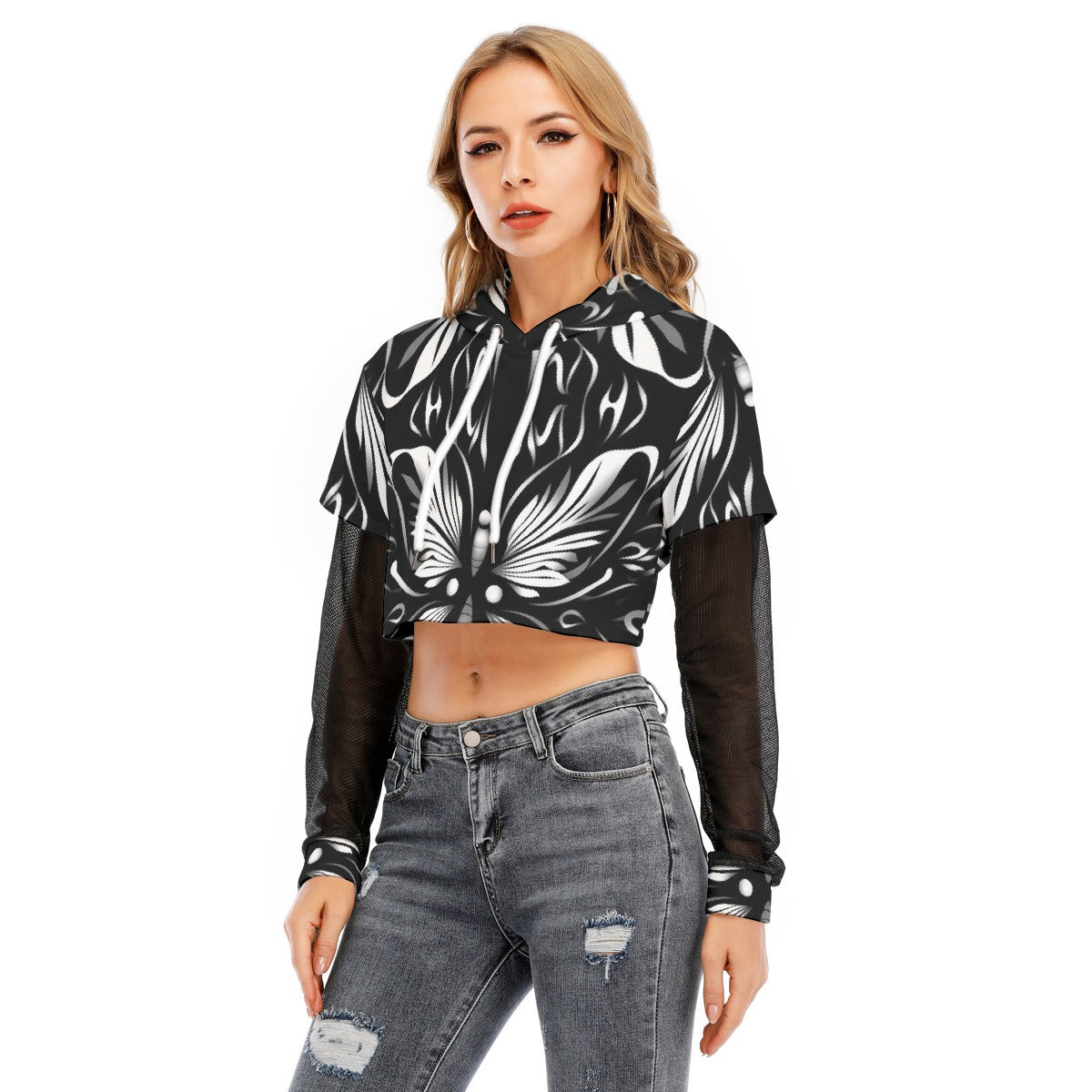 All-Over Print Women's Fake Two-piece Mesh Sleeve Cropped Hoodie