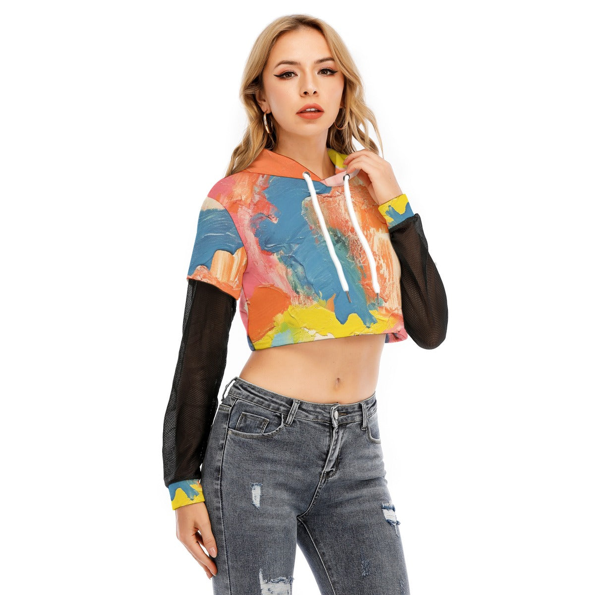 All-Over Print Women's Fake Two-piece Mesh Sleeve Cropped Hoodie