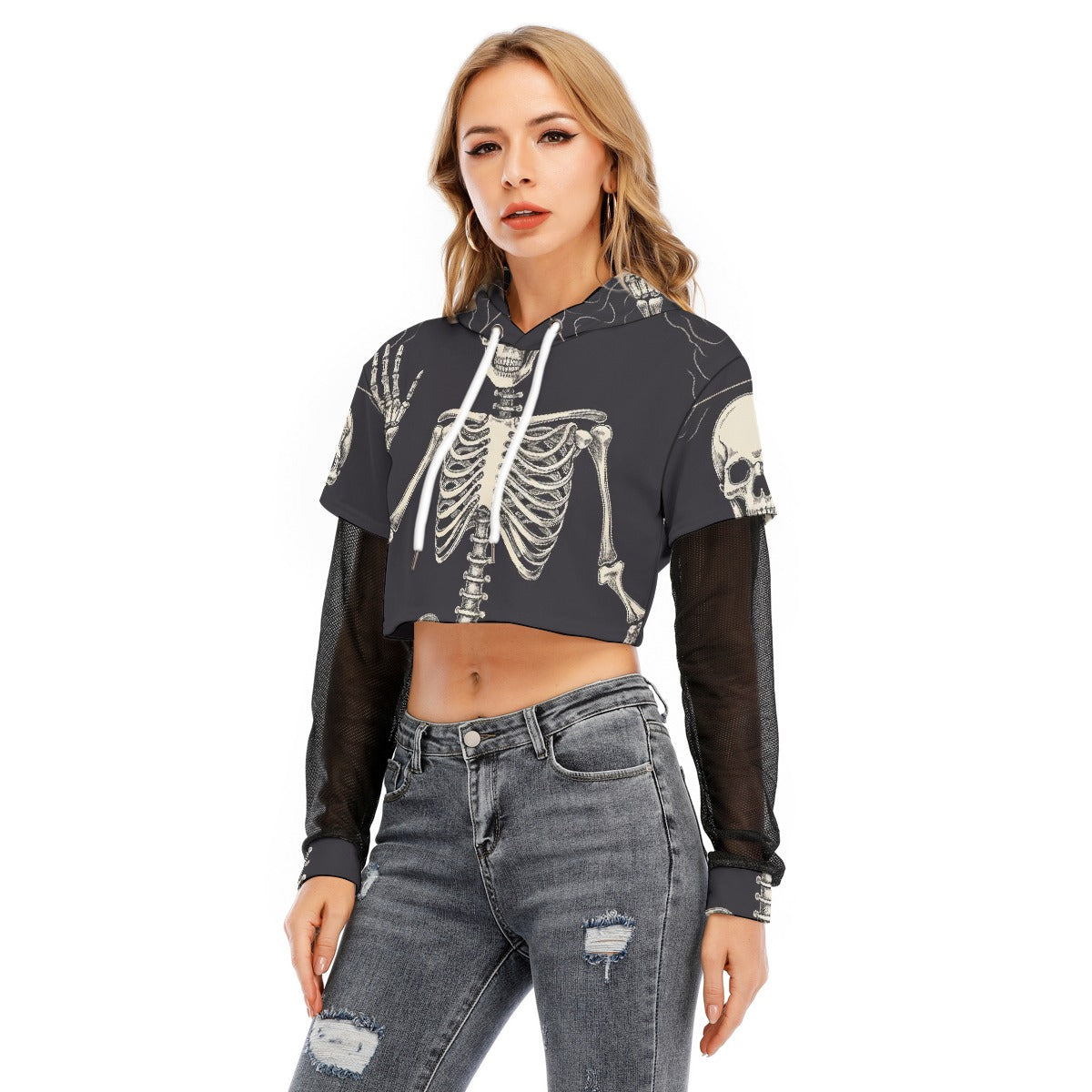 All-Over Print Women's Fake Two-piece Mesh Sleeve Cropped Hoodie