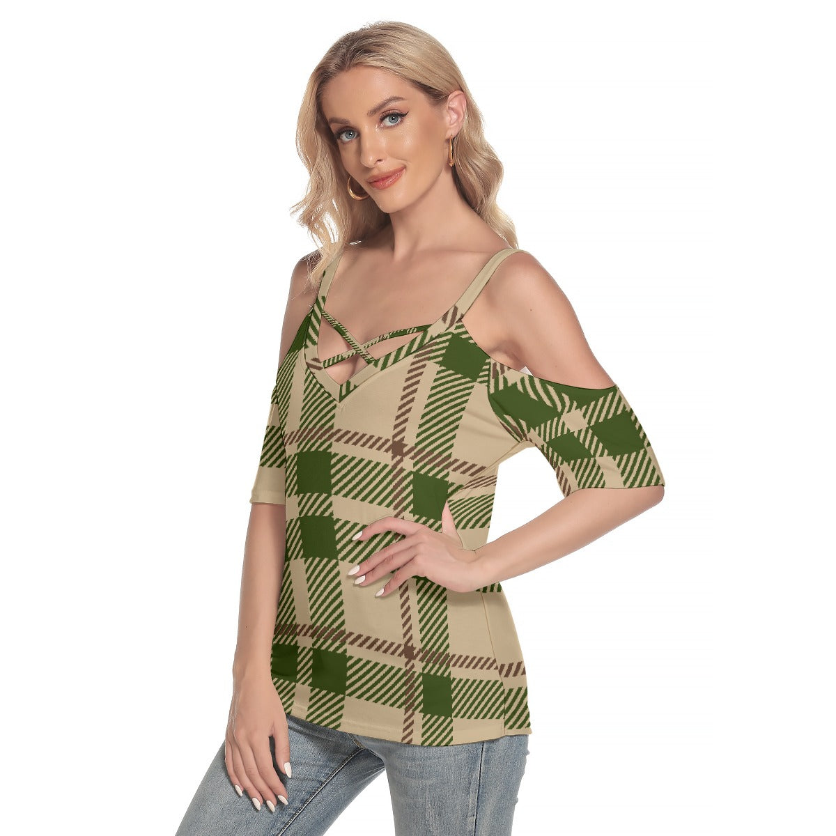 All-Over Print Women's Cold Shoulder T-shirt With Criss Cross Strips