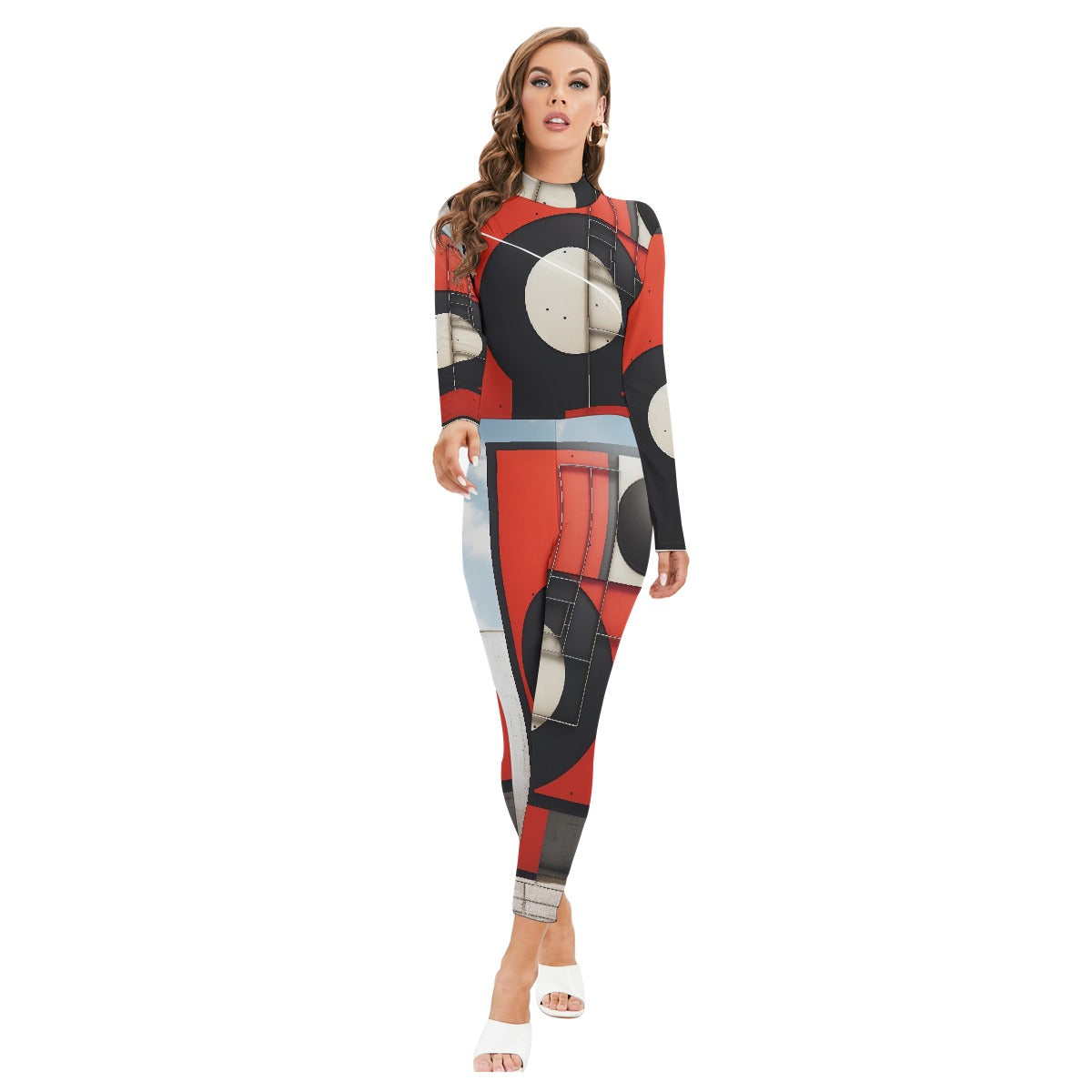 All-Over Print Women's Long-sleeved High-neck Jumpsuit With Zipper