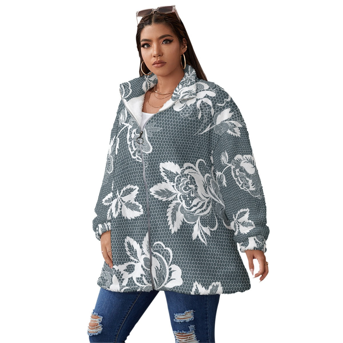 All-Over Print Unisex Borg Fleece Stand-up Collar Coat With Zipper Closure(Plus Size)