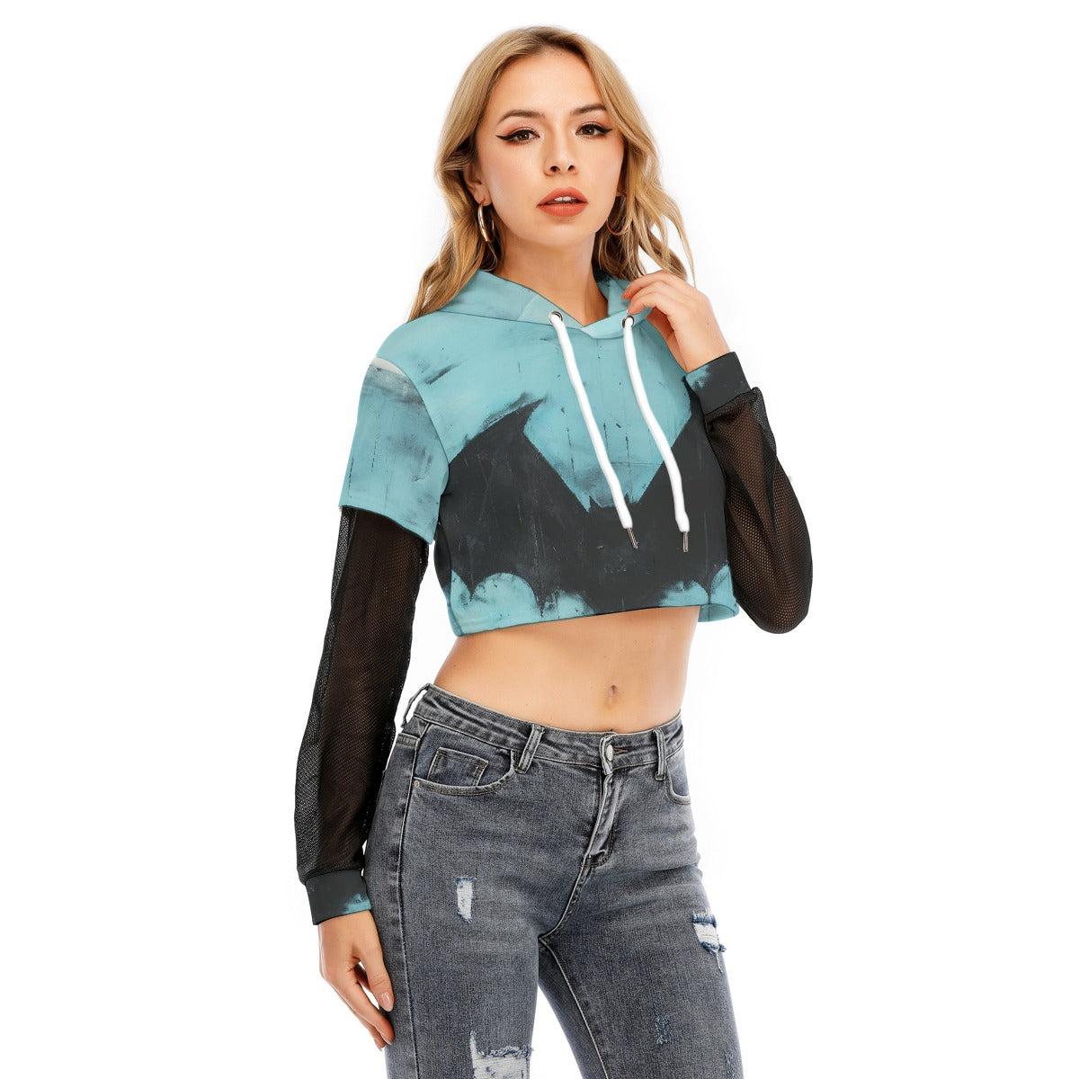 All-Over Print Women's Fake Two-piece Mesh Sleeve Cropped Hoodie