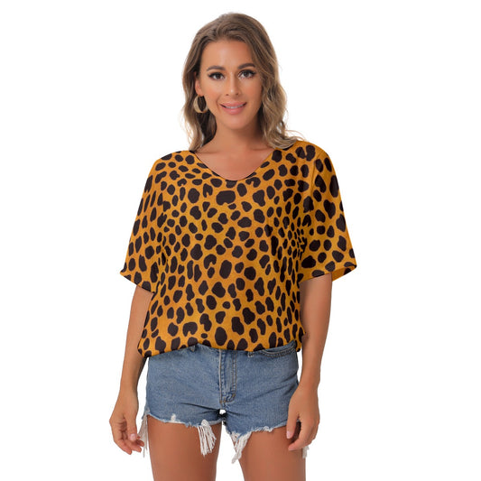 All-Over Print Women's Bat Sleeves V-Neck Blouse