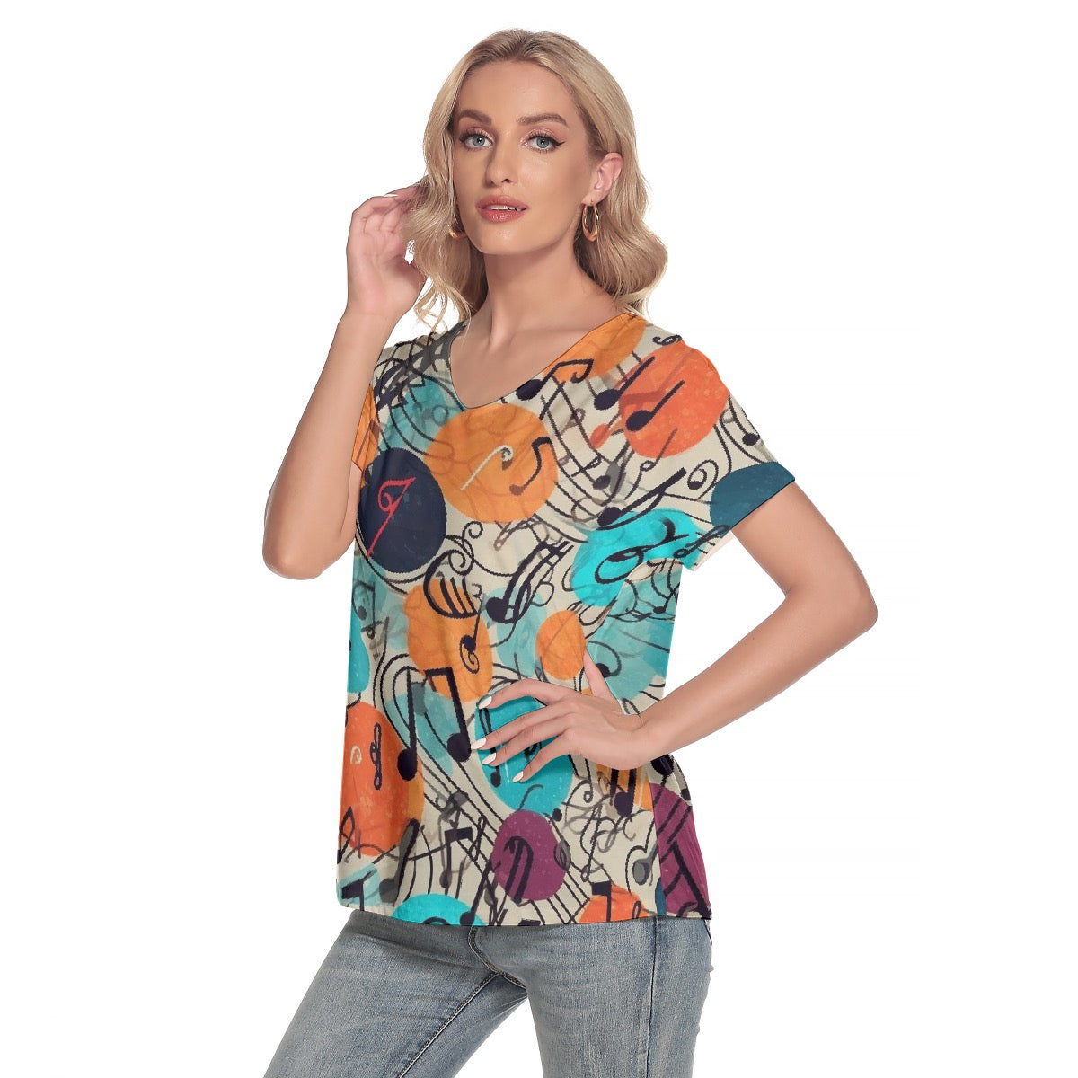 All-Over Print Women's Loose V-neck Short Sleeve T-shirt