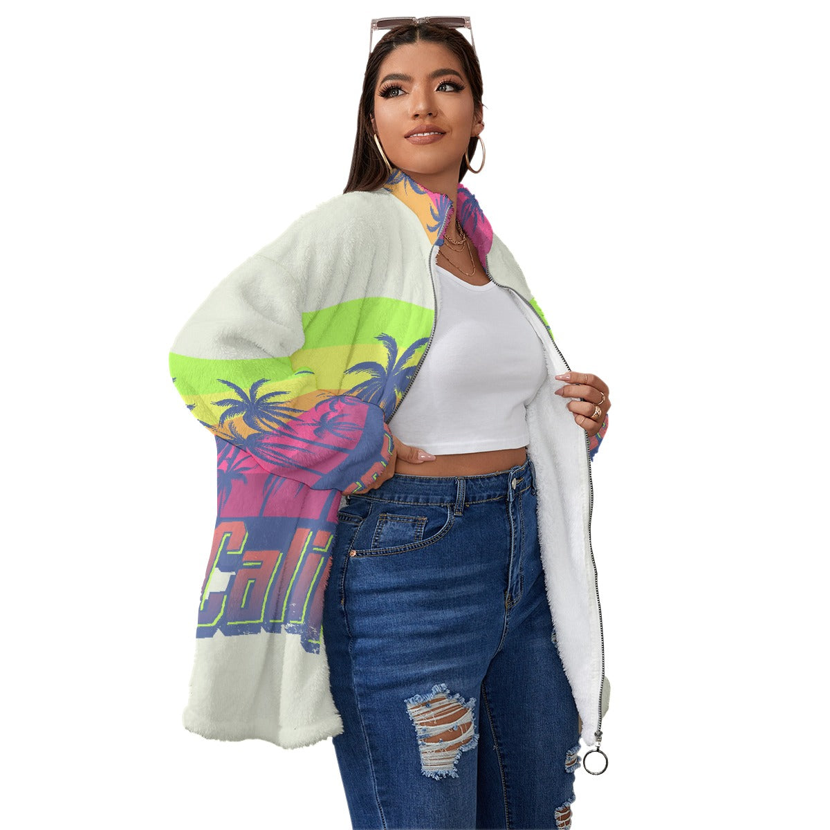 All-Over Print Unisex Borg Fleece Stand-up Collar Coat With Zipper Closure(Plus Size)