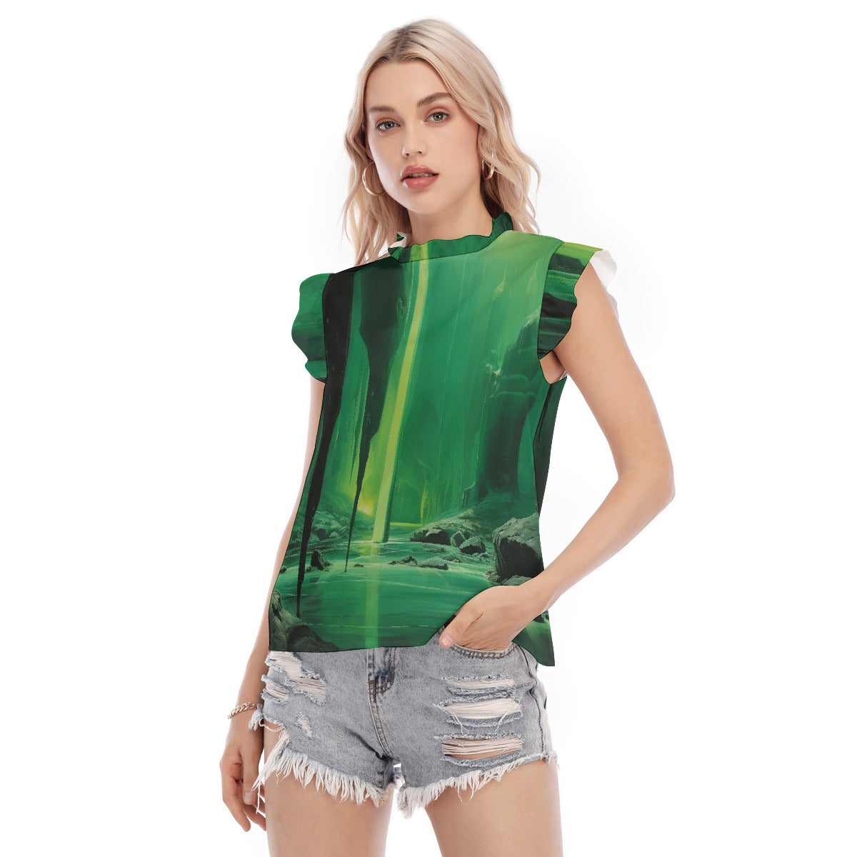 All-Over Print Women's Blouse With Ruffle Collar And Sleeve