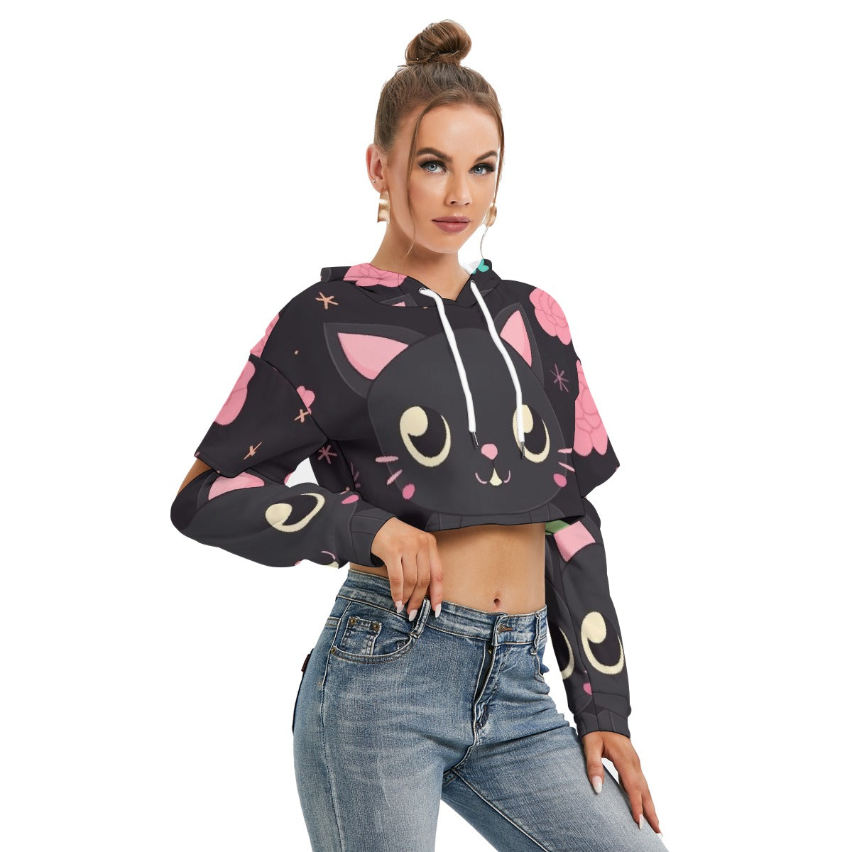 All-Over Print Women's Heavy Fleece Hoodie With Hollow Out Sleeve
