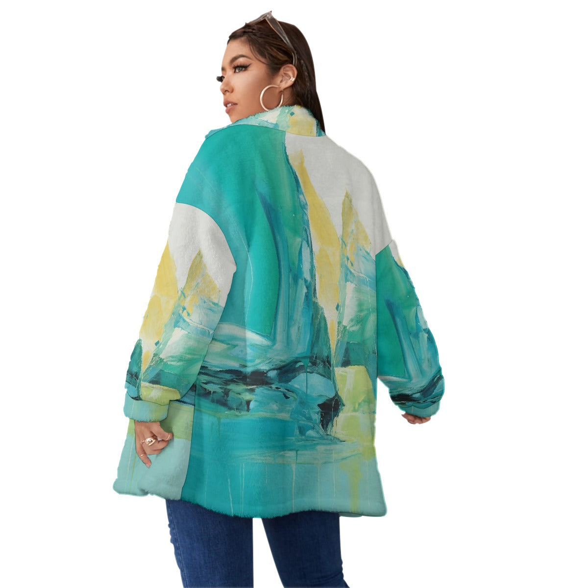 All-Over Print Unisex Borg Fleece Stand-up Collar Coat With Zipper Closure(Plus Size)