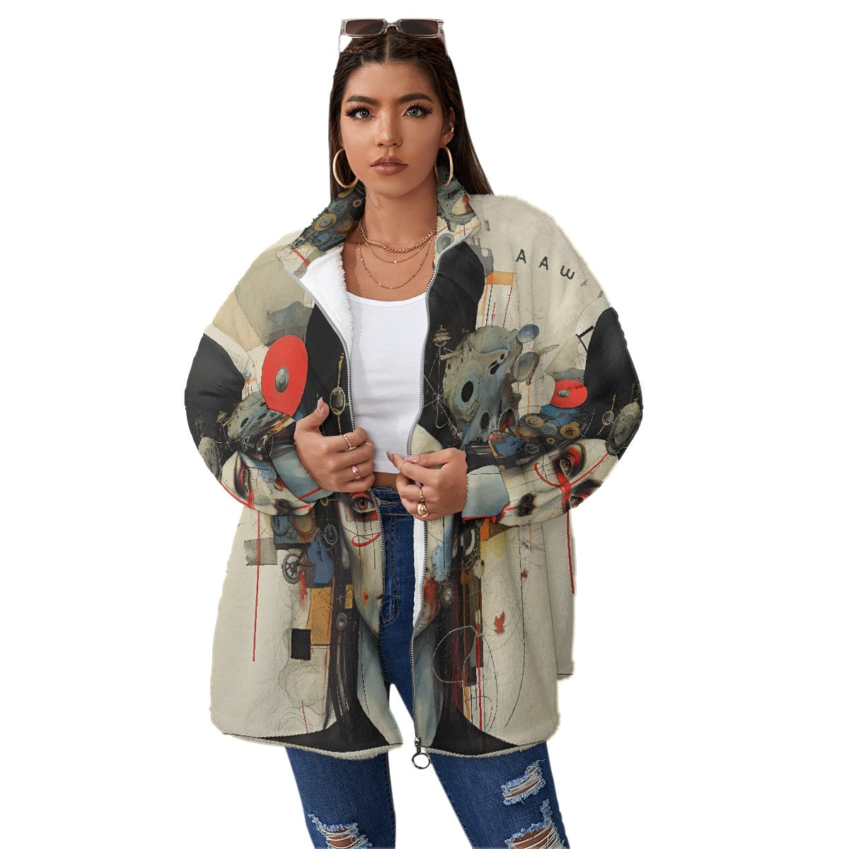 All-Over Print Unisex Borg Fleece Stand-up Collar Coat With Zipper Closure(Plus Size)