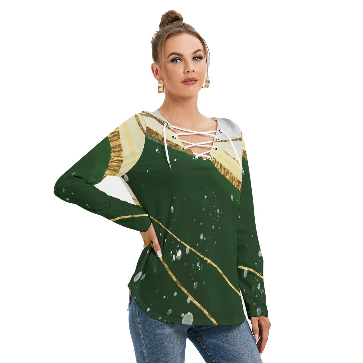 All-Over Print Women's Long Sleeve Neckline Tie Sweatshirt