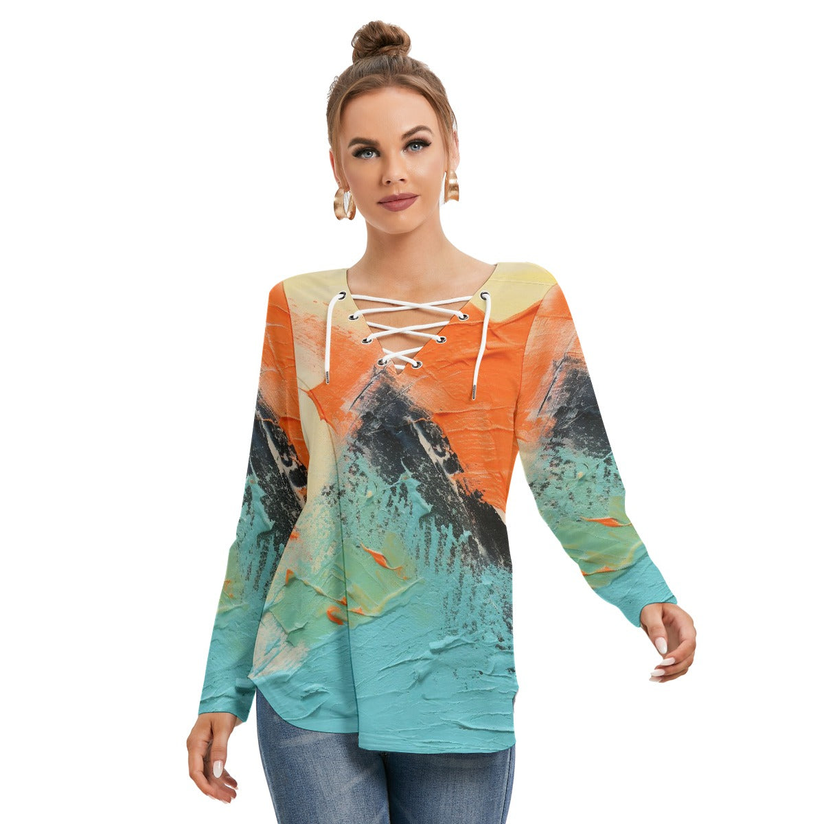 All-Over Print Women's Long Sleeve Neckline Tie Sweatshirt