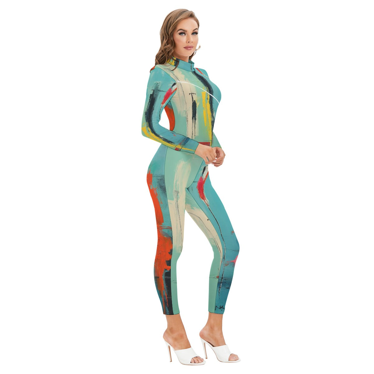 All-Over Print Women's Long-sleeved High-neck Jumpsuit With Zipper