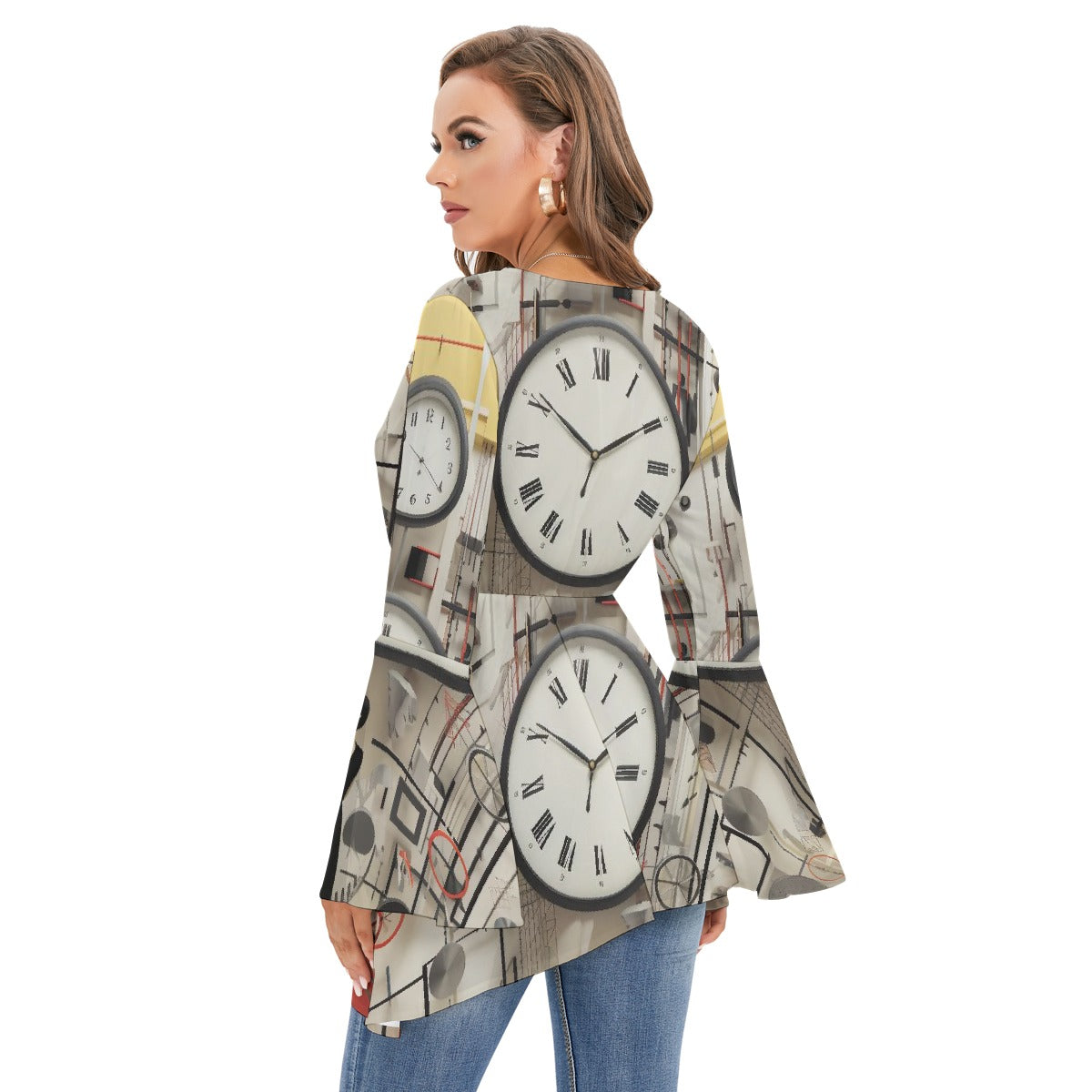 All-Over Print Women's V-neck Blouse With Flared Sleeves