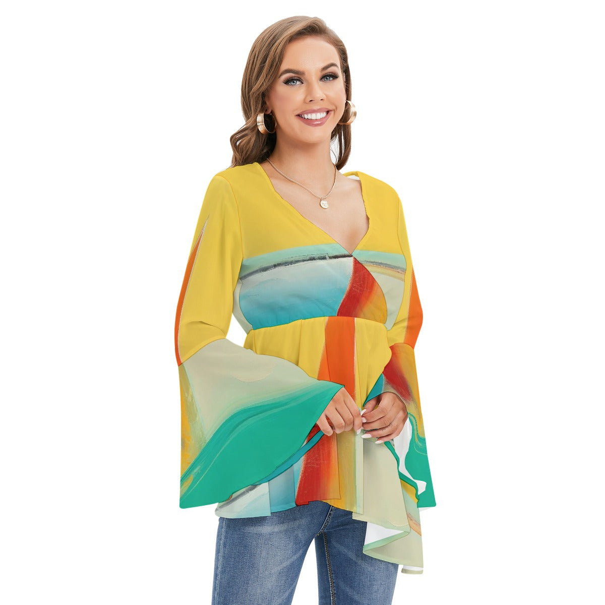 All-Over Print Women's V-neck Blouse With Flared Sleeves