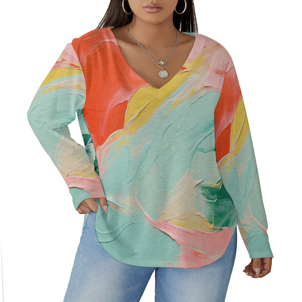All-Over Print Women's V-neck T-shirt With Curved Hem(Plus Size)