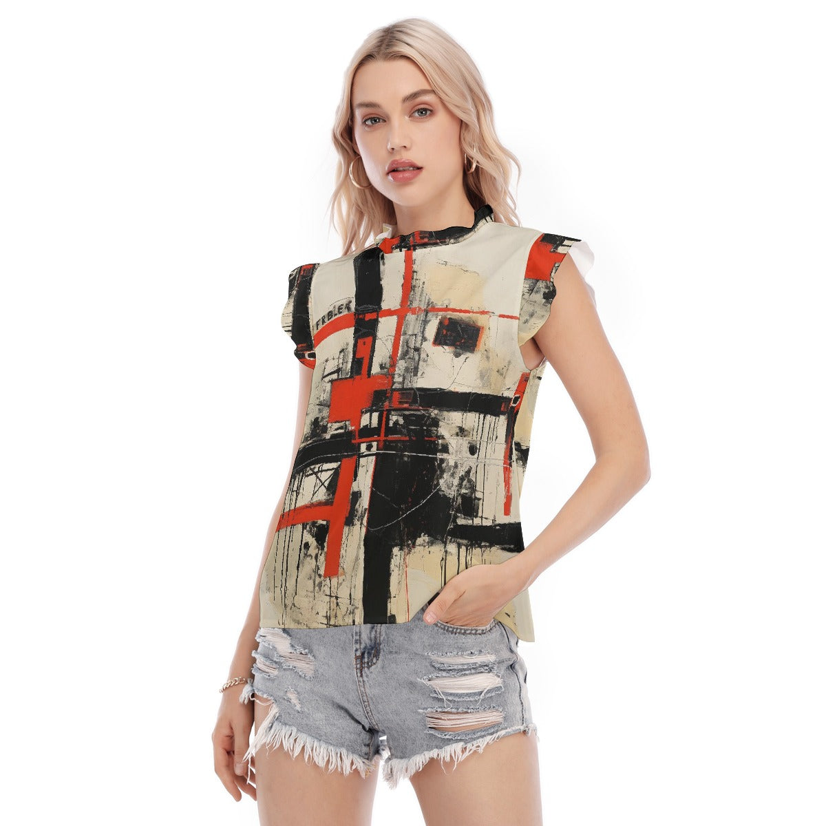All-Over Print Women's Blouse With Ruffle Collar And Sleeve