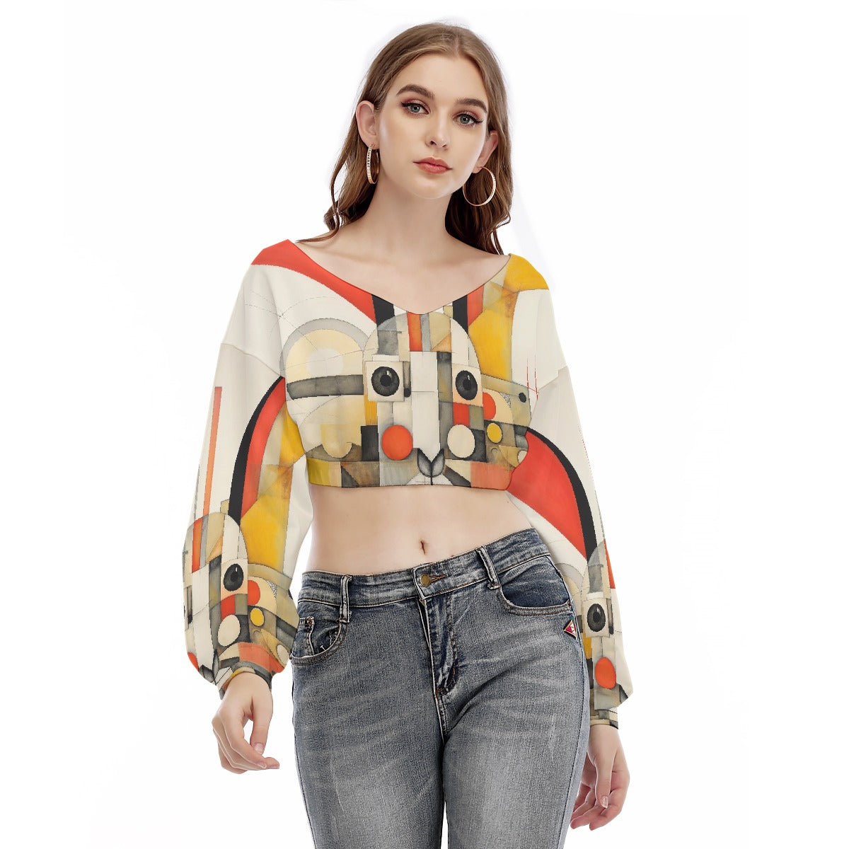 All-Over Print Women's V-neck Long Sleeve Cropped Sweatshirt