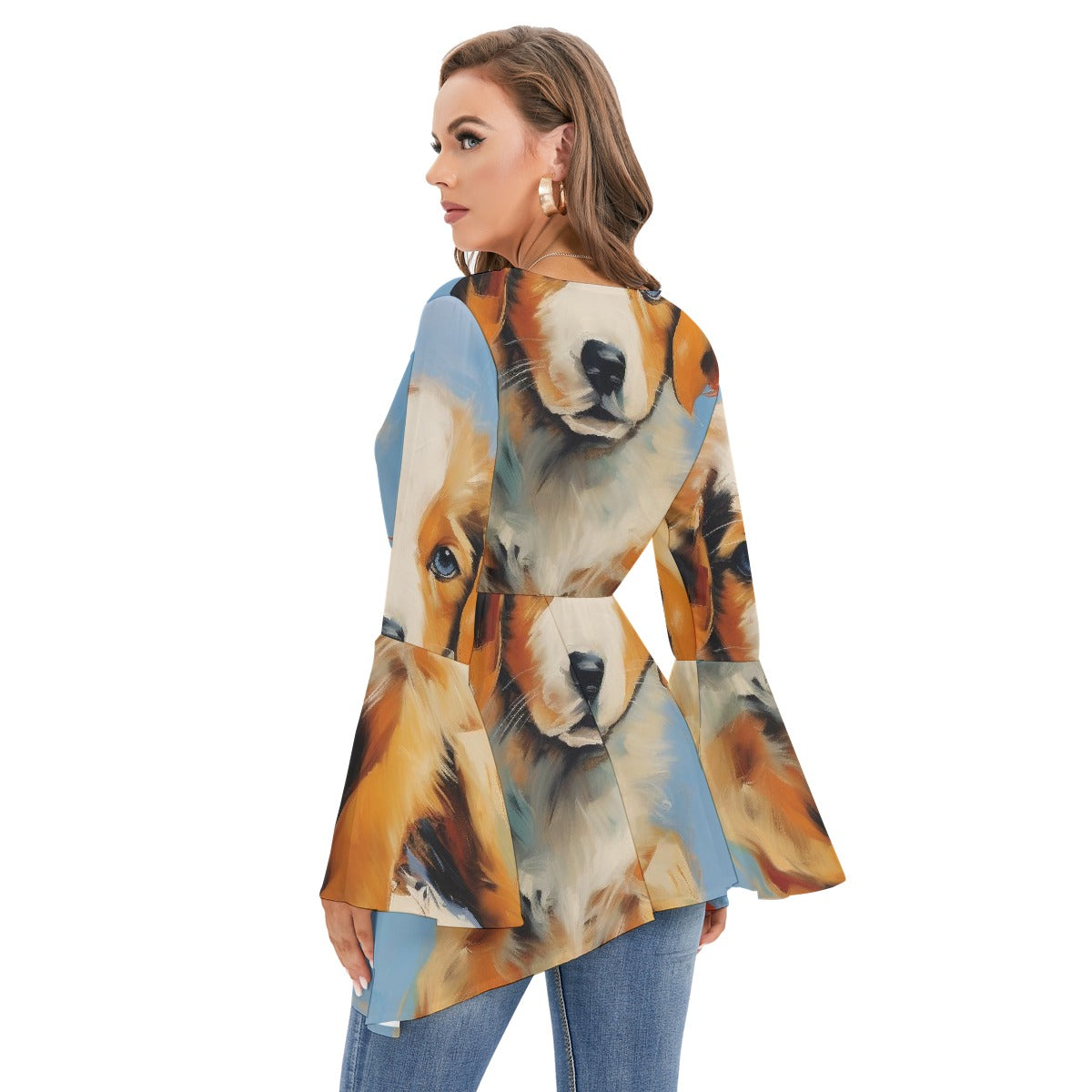 All-Over Print Women's V-neck Blouse With Flared Sleeves