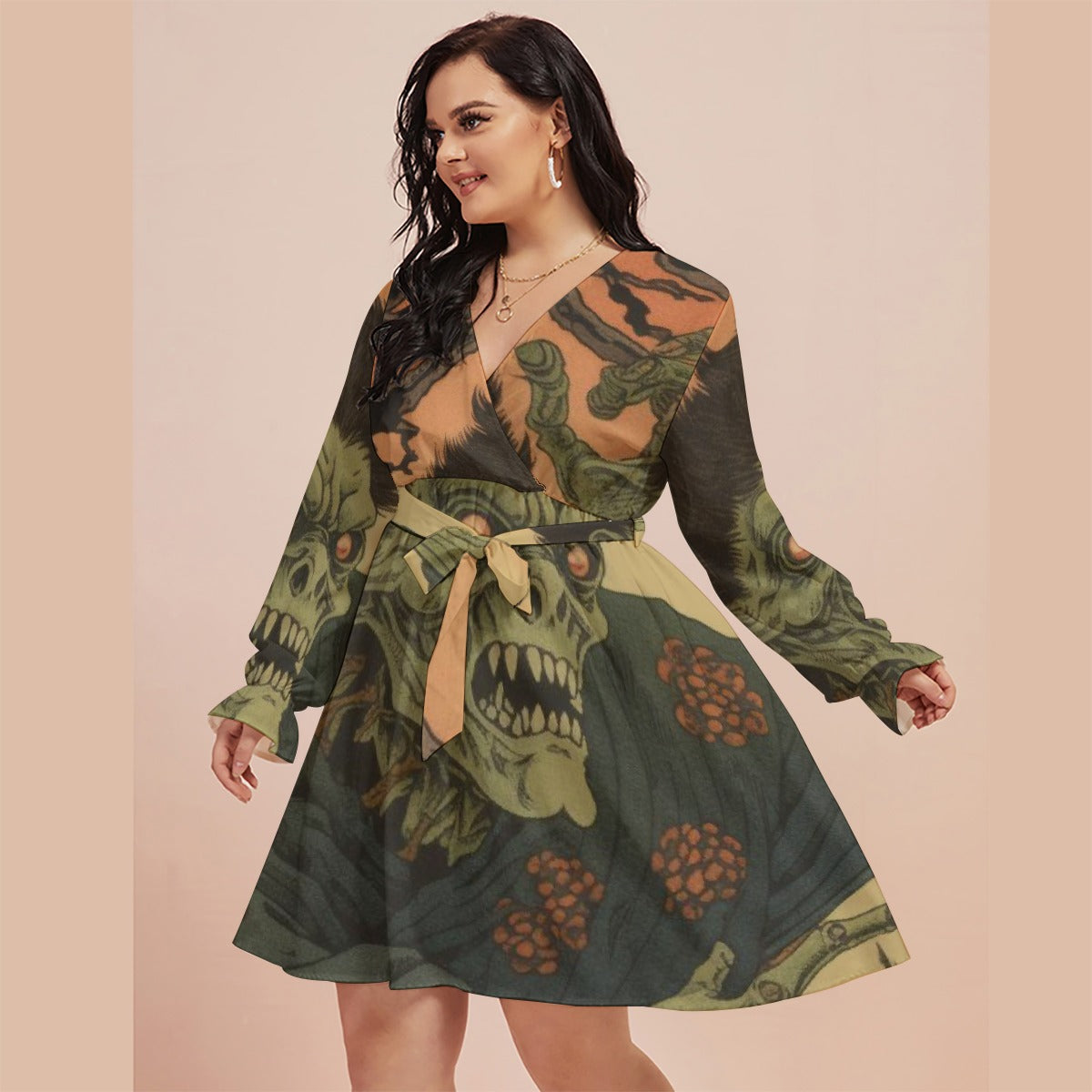 All-Over Print Women's V-neck Dress With Waistband(Plus Size)