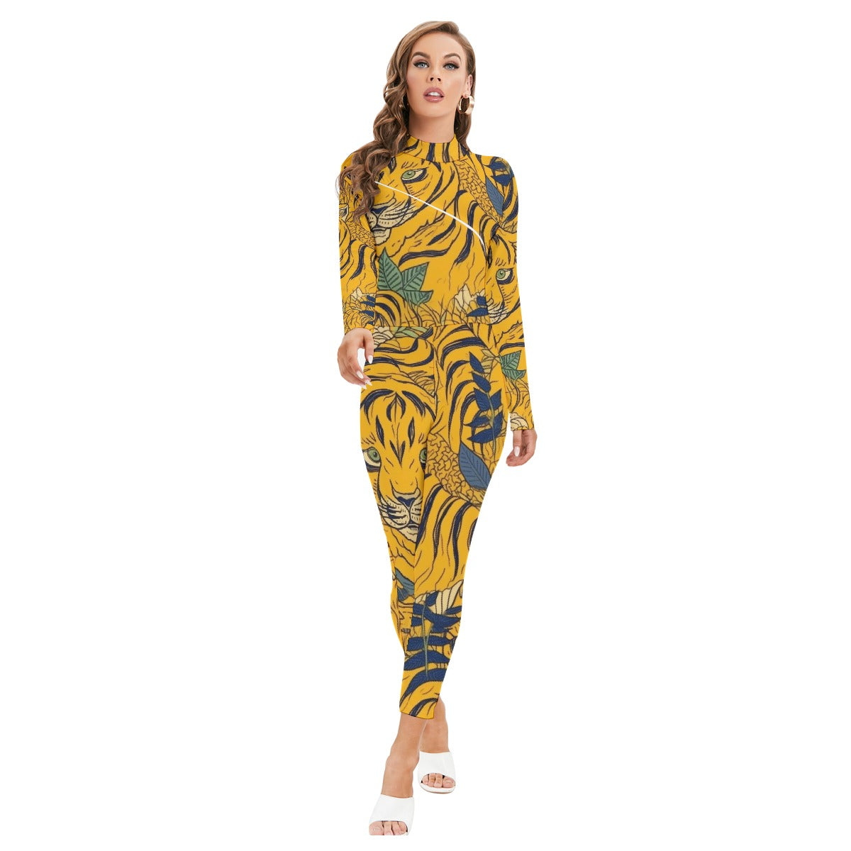 All-Over Print Women's Long-sleeved High-neck Jumpsuit With Zipper